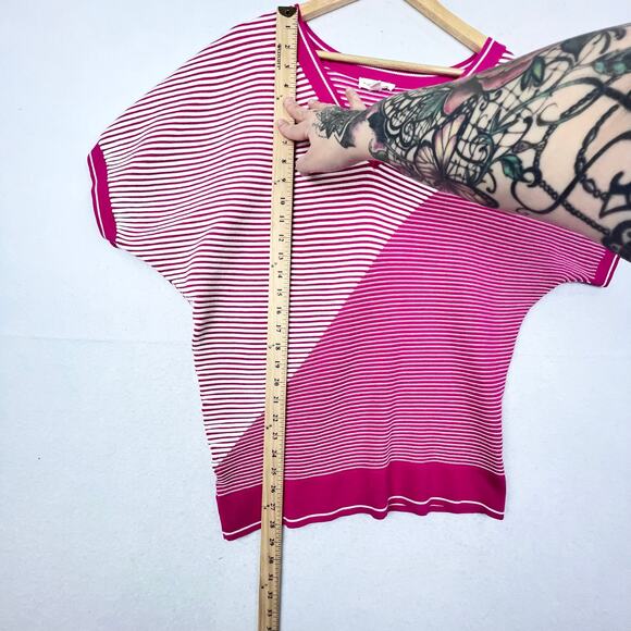 Ribbed Knit Asymmetrical Shoulder V Neck Colorblock 80s Inspired Pink Sweater L - Picture 10 of 10